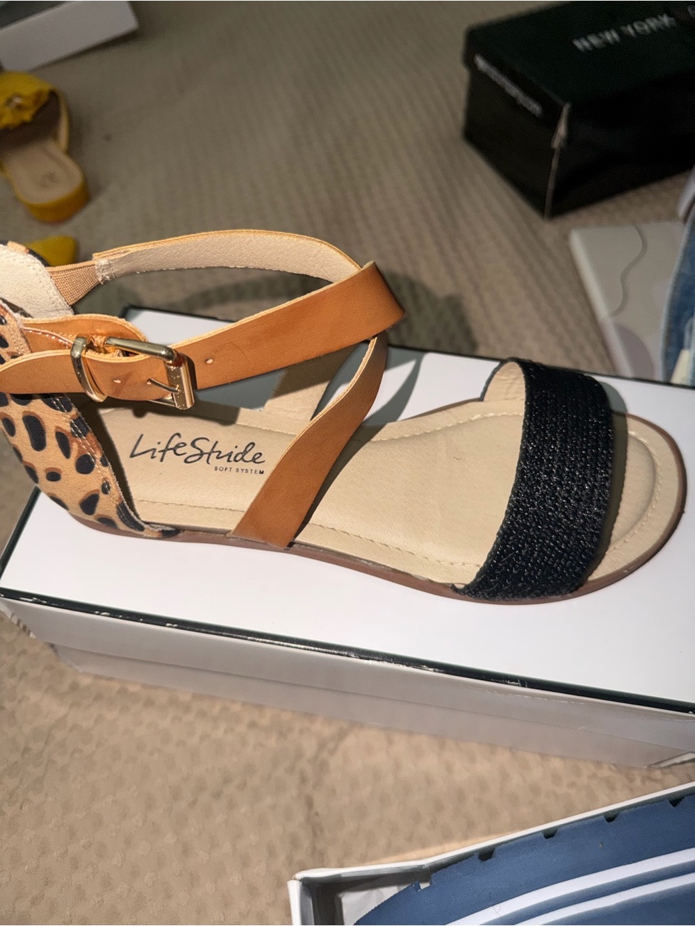 Life Stride Black and Tan Leopard Accent Strappy Sandals